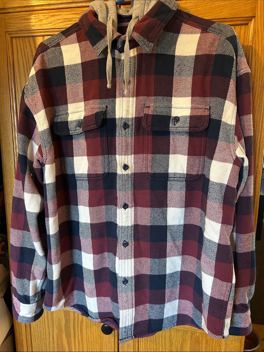 American Eagle Outfitters Hooded Plaid Shirt Jacket - Burgundy, Black & White